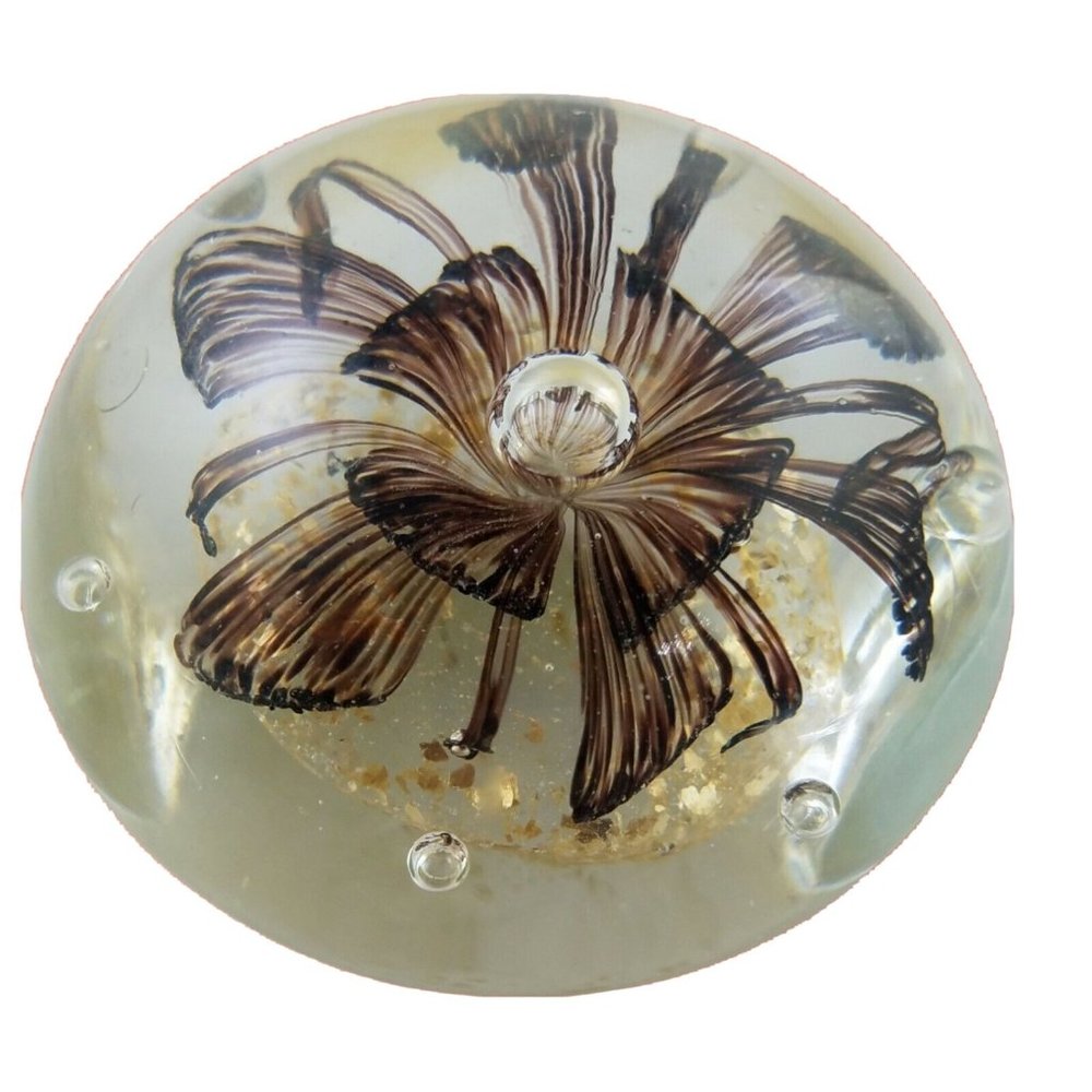 Oval Shaped Paperweight Clear Glass Flower Bubbles Brown Gold Jellyfish Mushroom